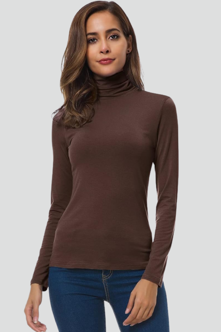Women’s long-sleeve turtleneck sweater, coffee-brown fitted knit