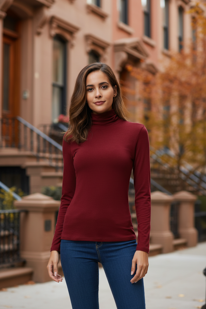Women’s long-sleeve turtleneck sweater in red, smooth knit fabric