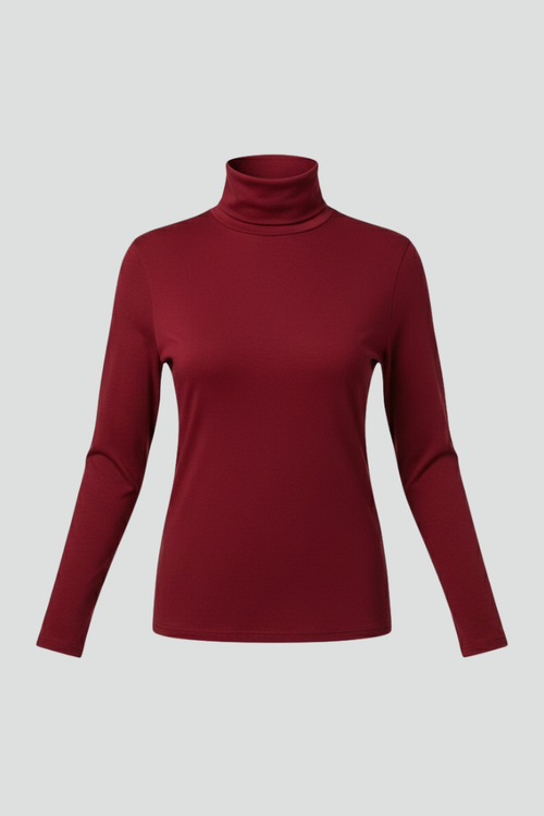 Women’s turtleneck sweater with long sleeves, plain red knit fabric