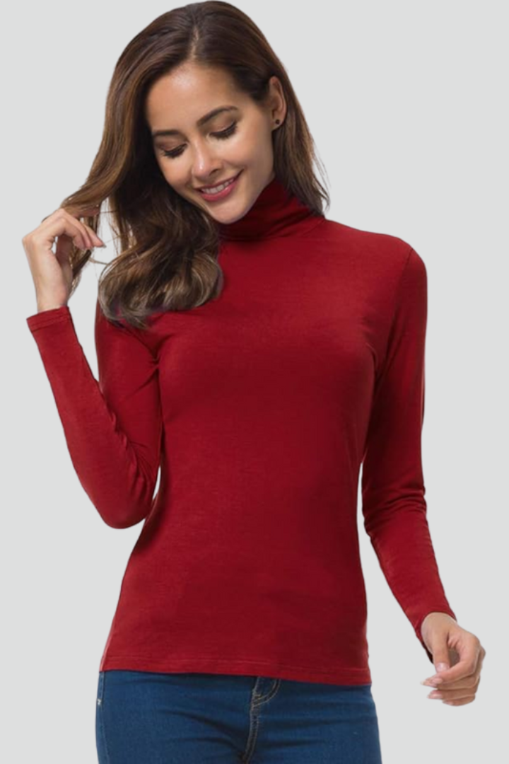 Women’s turtleneck sweater with long sleeves, red fitted knit