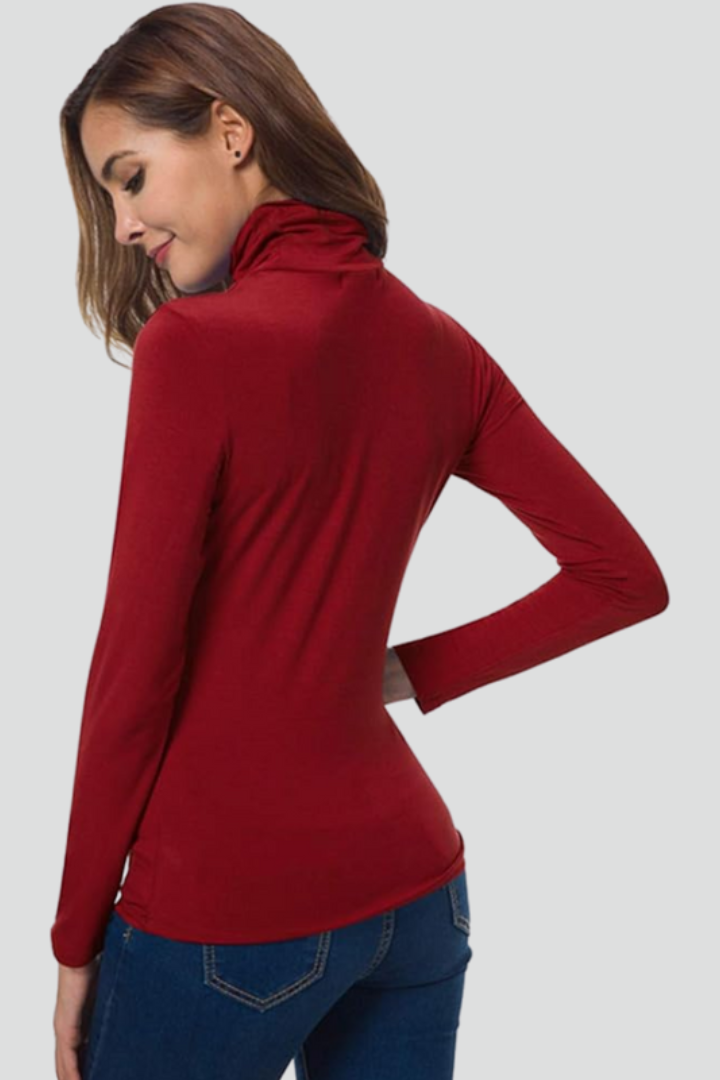 Women’s long-sleeve turtleneck sweater, red knit with fitted silhouette