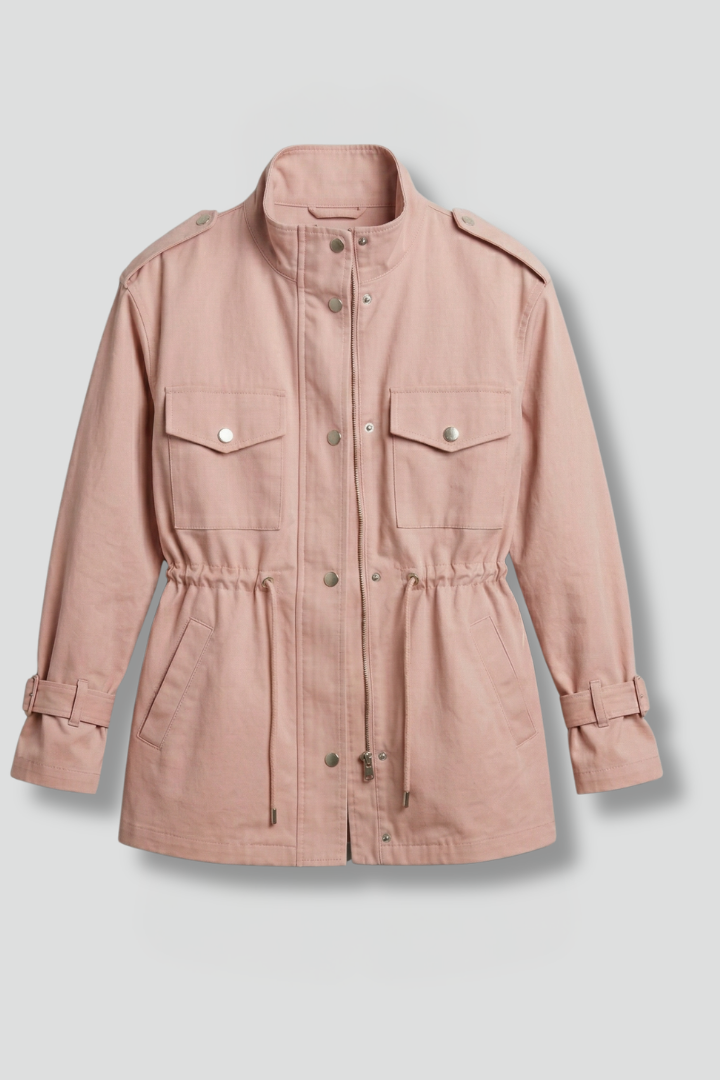 Women’s utility jacket in light pink, double-breasted button front, waist tie, flap pockets