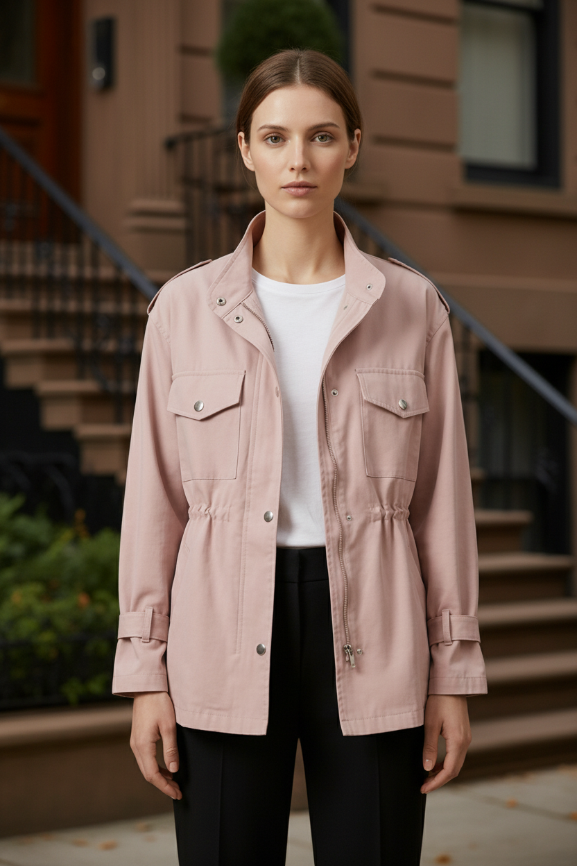 Women’s utility jacket in dusty pink, double-breasted button front, flap pockets, waist tie