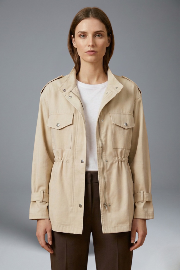 Women’s utility jacket in cream, double-breasted button front, flap pockets, waist tie