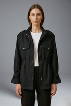 Women’s utility jacket in black, double-breasted button front, flap pockets, waist tie