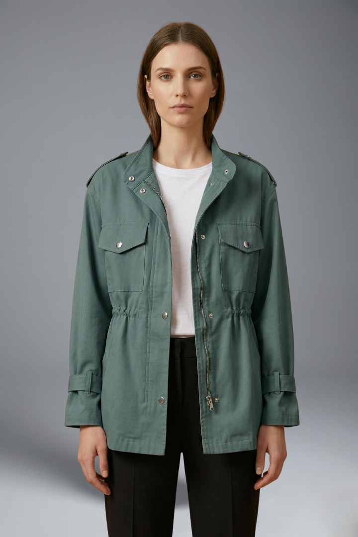 Women’s utility jacket in dark green, double-breasted button front, flap pockets, waist tie