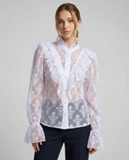 White sheer lace blouse with ruffled neckline and button front