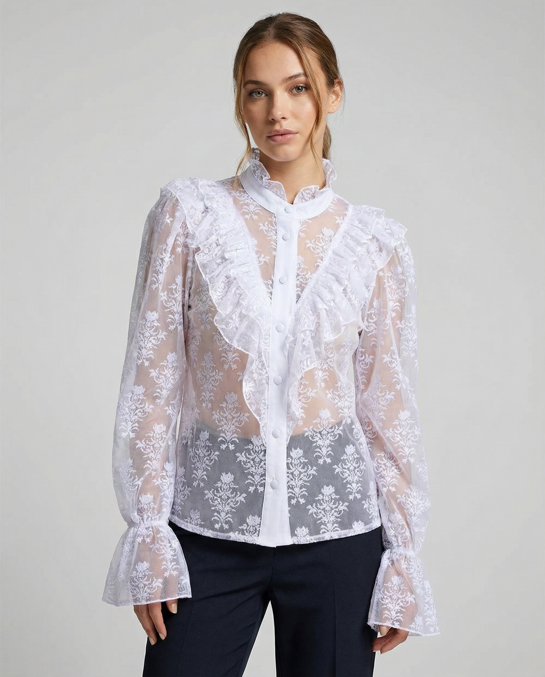 White sheer lace blouse with ruffled neckline and button front