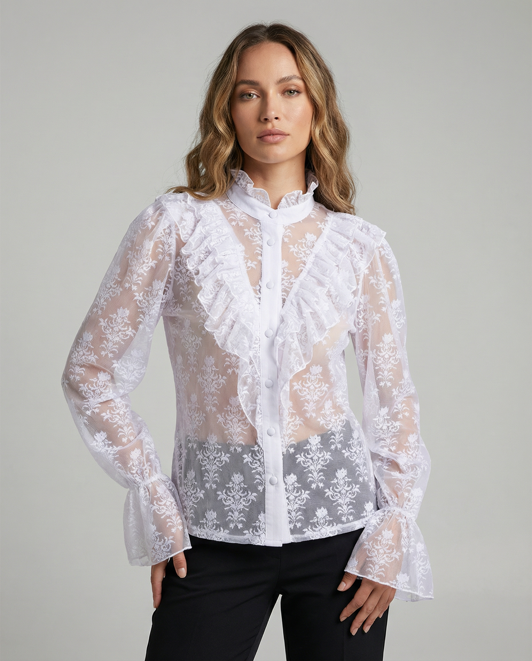 White sheer lace blouse with ruffled bib front and long puff sleeves