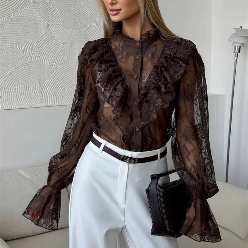 Brown sheer lace blouse with ruffled high neck and long flared sleeves