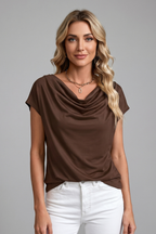 Brown cowl-neck blouse with draped front, short sleeves, soft drape detail