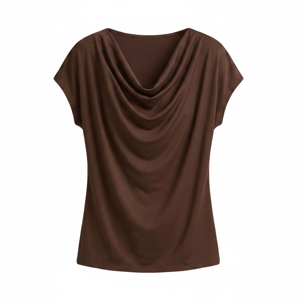 Brown cowl-neck draped blouse, short sleeves, draped front detail