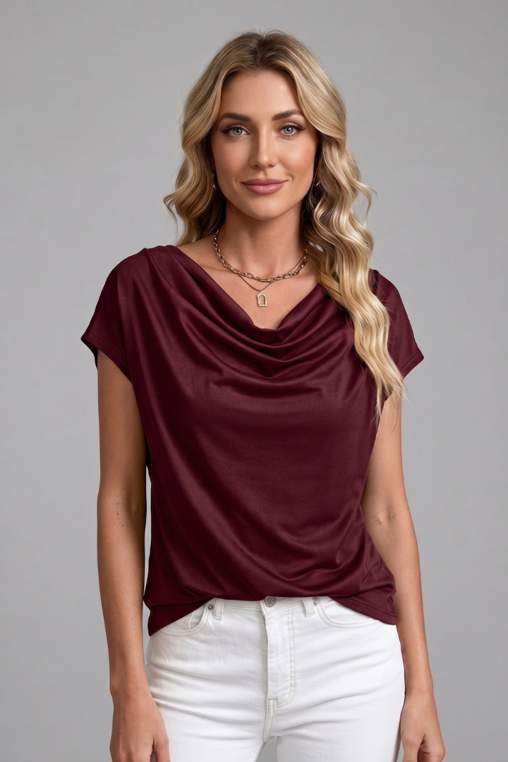 Burgundy cowl-neck blouse with draped front and short sleeves