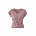 V-neck short-sleeve blouse in dusty rose pink, twisted front detail at waist.