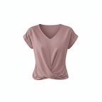 V-neck short-sleeve blouse in dusty rose pink, twisted front detail at waist.