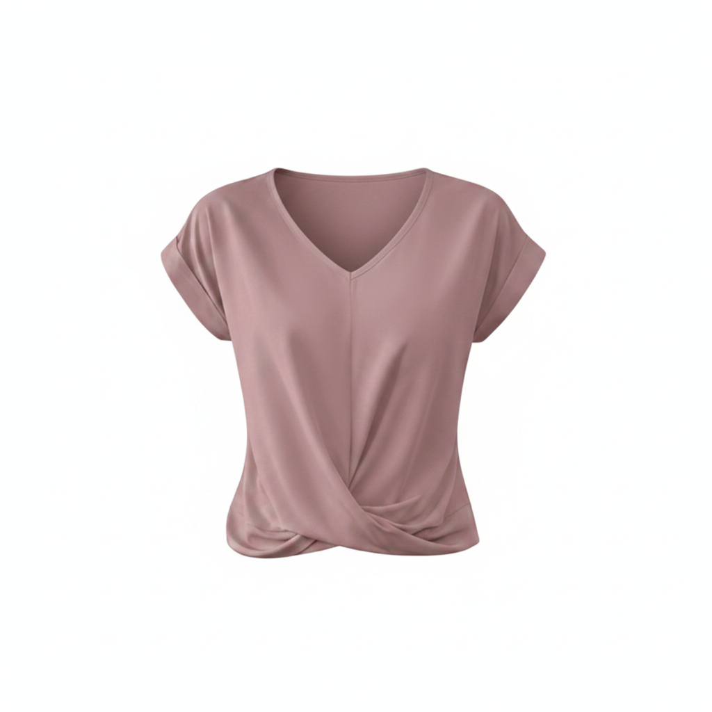 V-neck short-sleeve blouse in dusty rose pink, twisted front detail at waist.