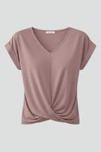 V-neck short-sleeve blouse in mauve, twisted front drape detail.