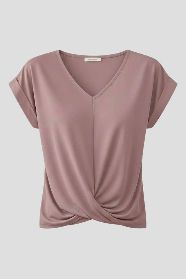 V-neck short-sleeve blouse in mauve, twisted front drape detail.