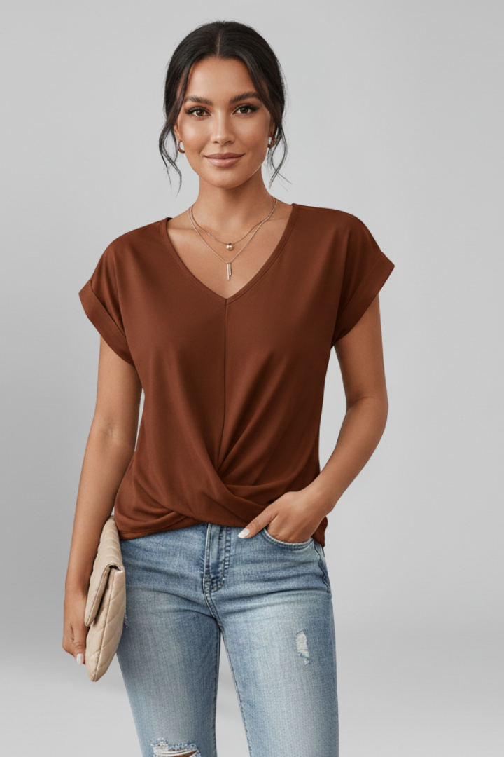 V-neck short-sleeve blouse in brown, twisted front detail at waist.