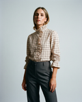 White checked ruffle high-neck blouse with button front and long sleeves
