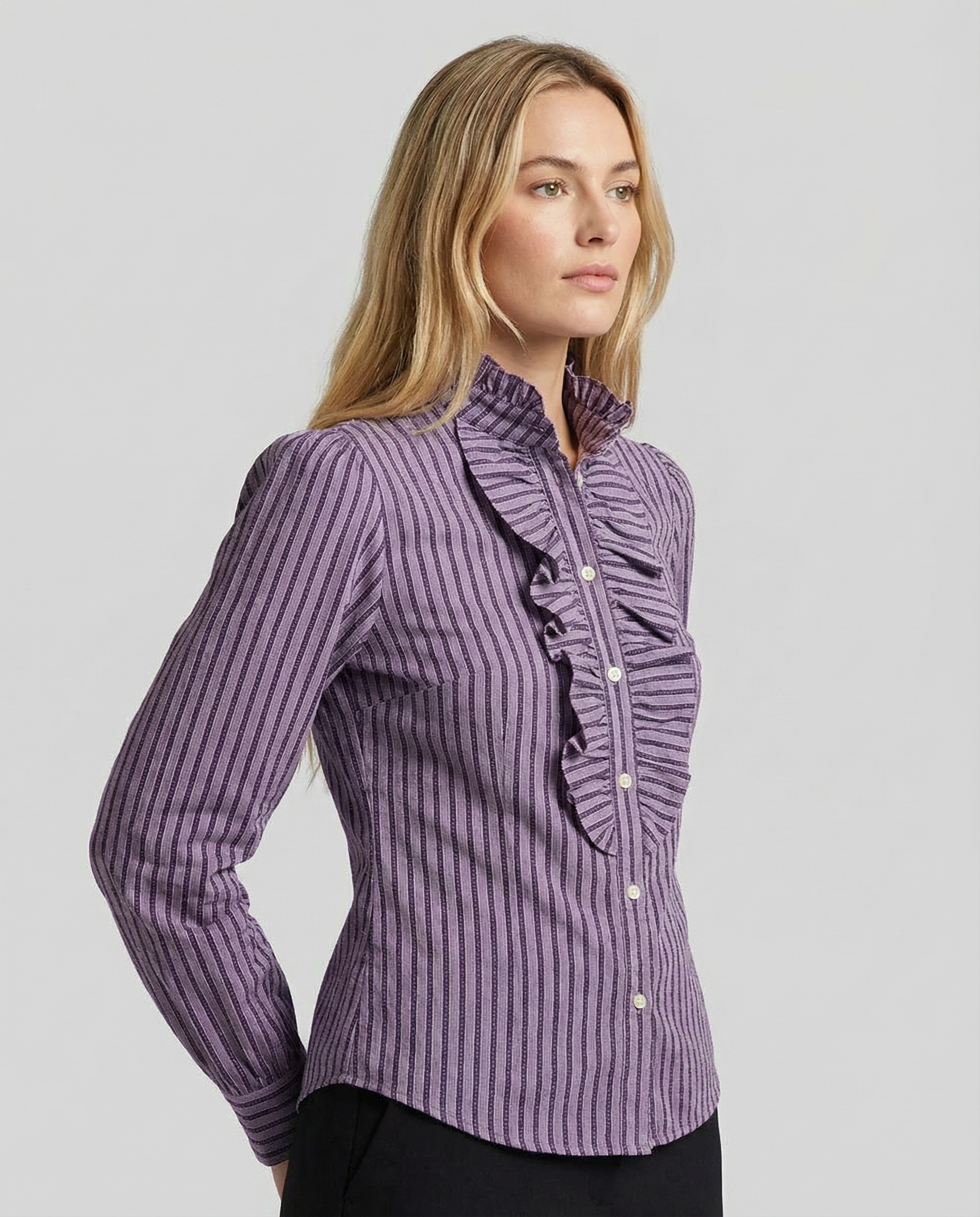Purple striped ruffle high-neck blouse with button front and long sleeves