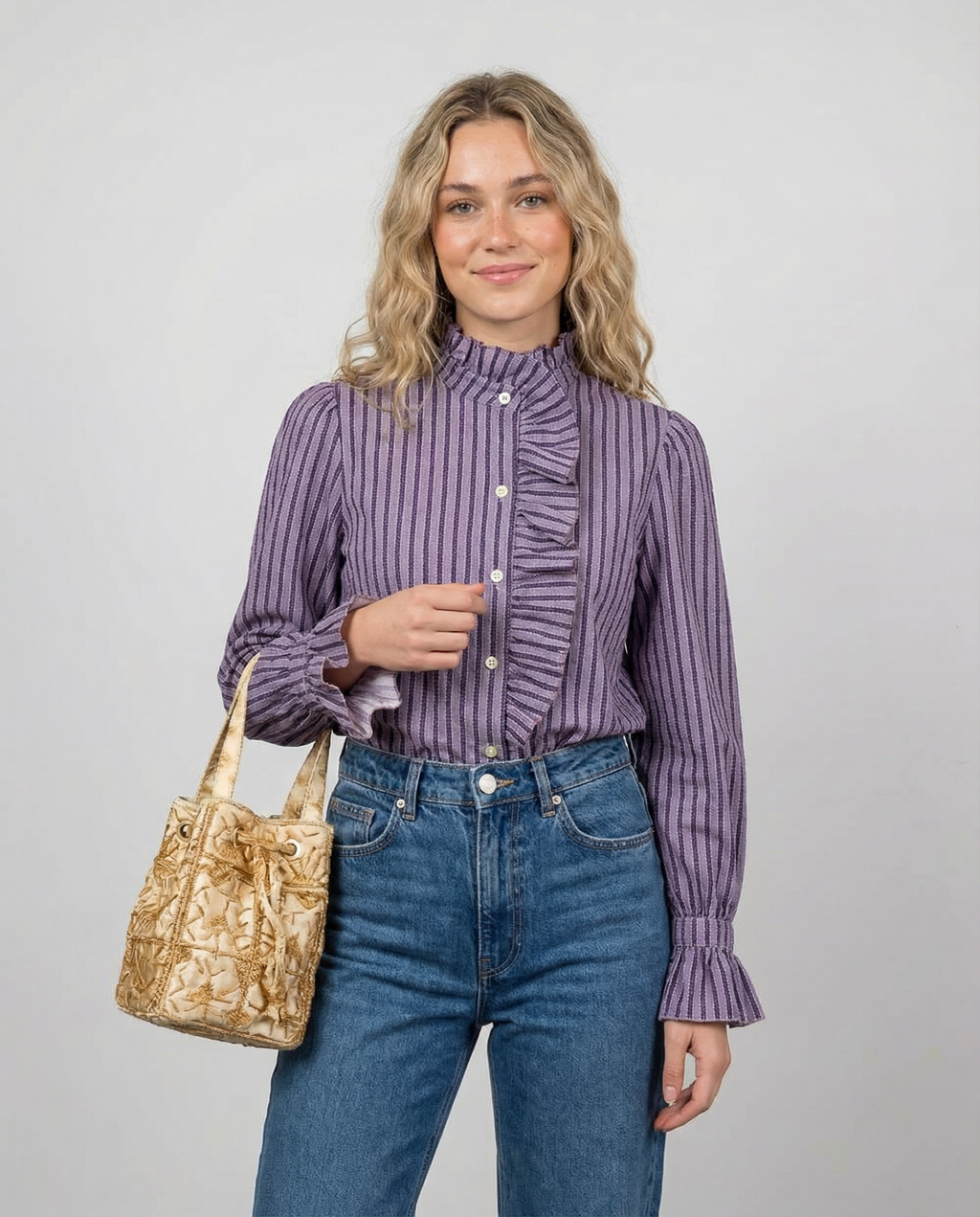 Purple striped ruffle high-neck blouse with button front and long sleeves