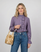 Purple striped ruffle high-neck blouse with button front and long sleeves