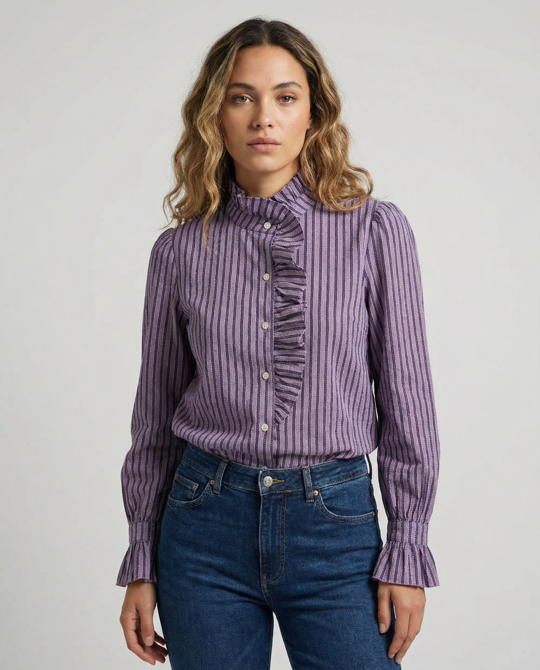 Purple striped ruffle high-neck blouse with centered buttons and buttoned cuffs