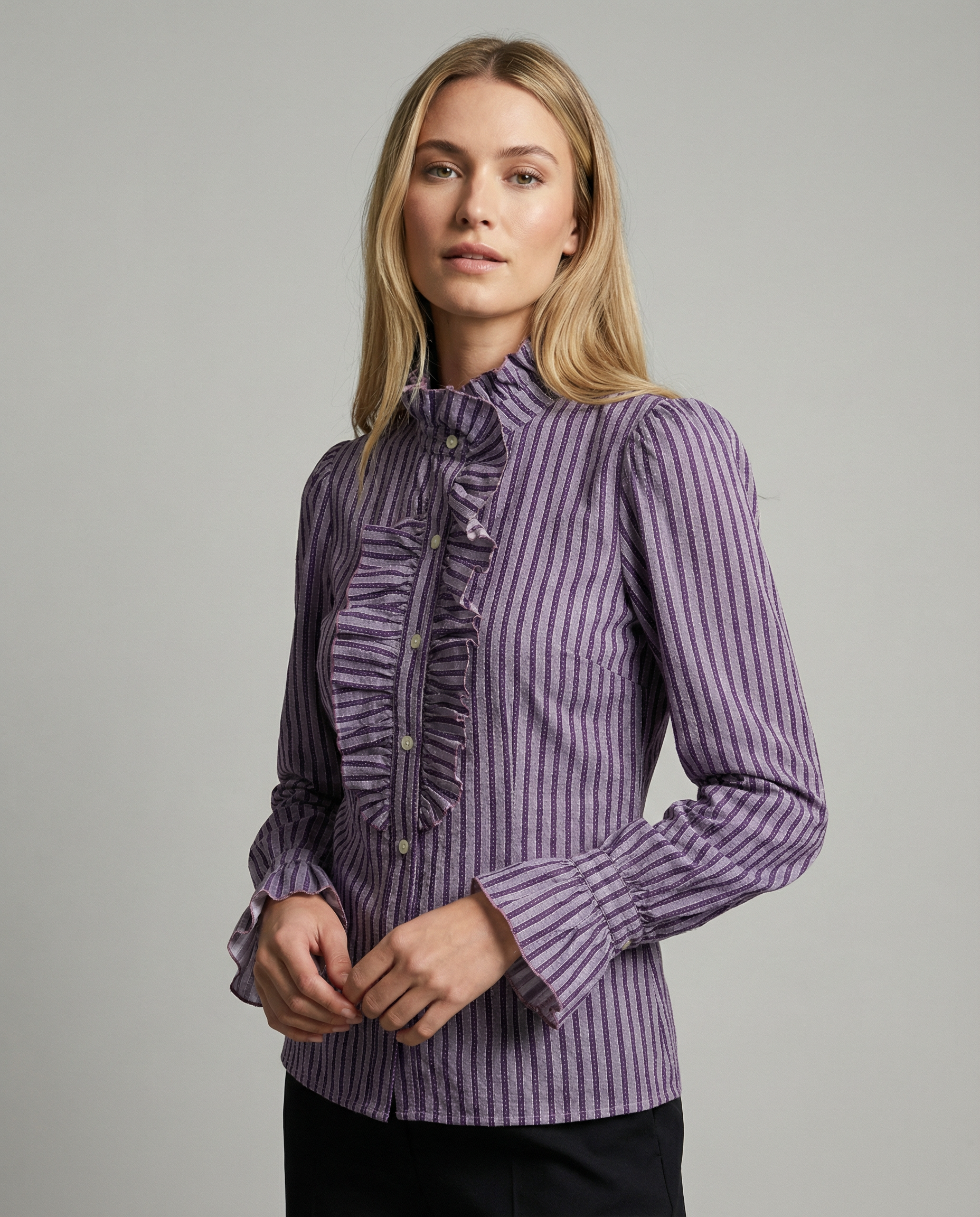Purple striped ruffle high-neck blouse with ruffled front placket and buttons