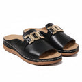 Women's comfort sandals, black leather-look with gold double-buckle straps