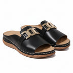 Women's comfort sandals, black leather-look with gold double-buckle straps