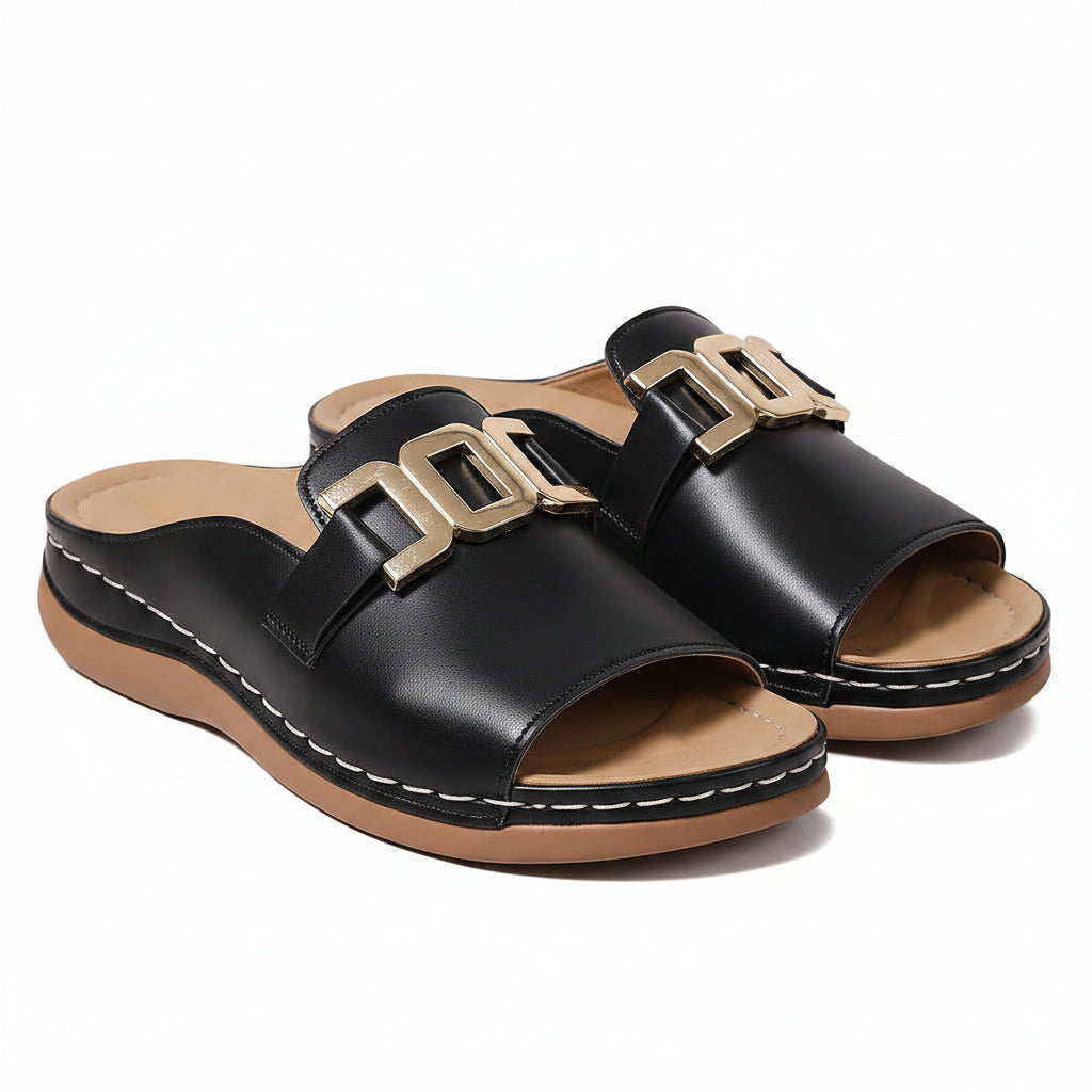 Women's comfort sandals, black leather-look with gold double-buckle straps