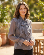 Gray chiffon blouse with layered ruffle front and bow tie neckline, long sleeves