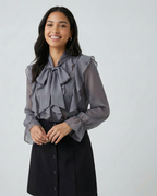 Gray chiffon blouse with large ruffled collar bow and long sheer sleeves