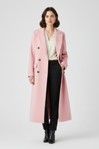 Women’s pink long coat with lapel collar and double-breasted button fastening
