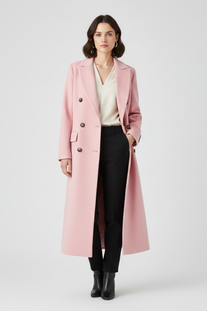 Women’s pink long coat with lapel collar and double-breasted button fastening