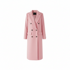 Women’s pink long coat with notch lapels, double-breasted buttons, and flap pockets