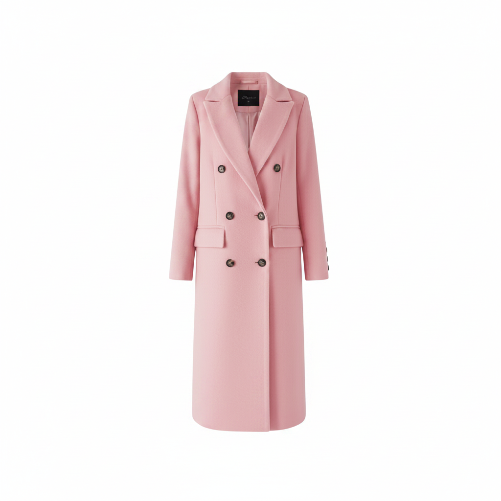 Women’s pink long coat with notch lapels, double-breasted buttons, and flap pockets