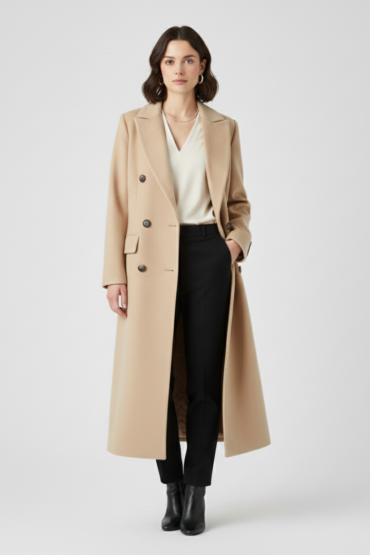 Women’s beige long coat with lapel collar and double-breasted button fastening