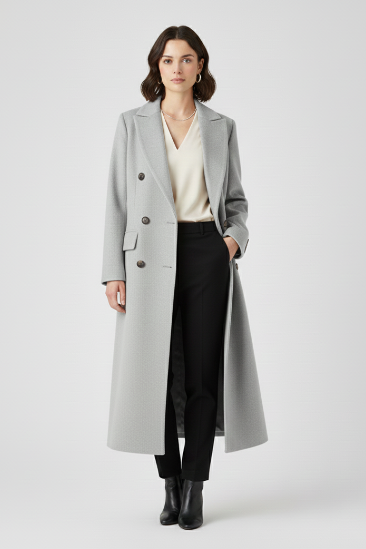Women’s grey long coat with lapel collar and double-breasted button fastening