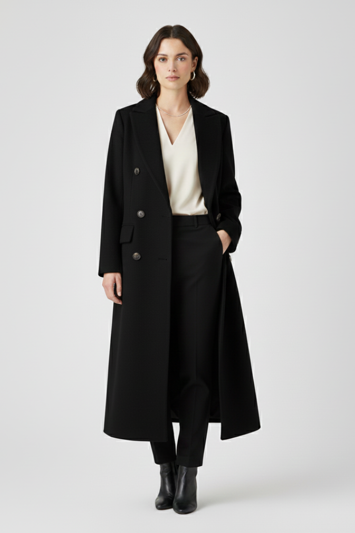 Women’s black long coat with lapel collar and double-breasted button fastening