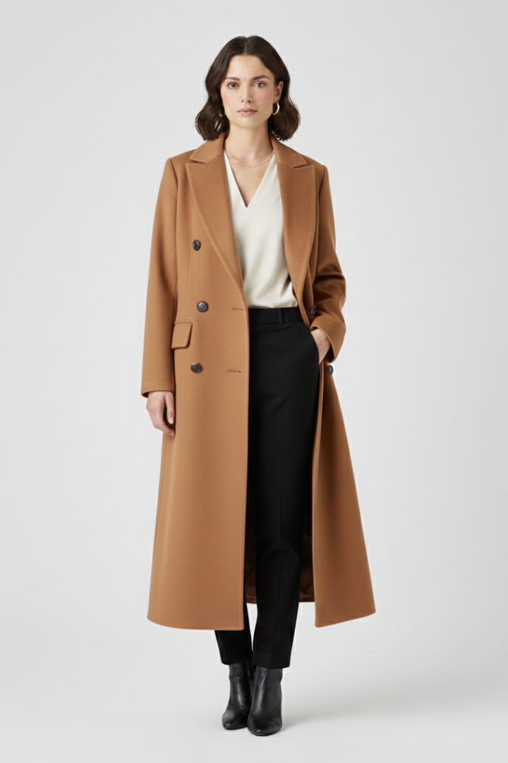 Women’s brown long coat with lapel collar and double-breasted button fastening