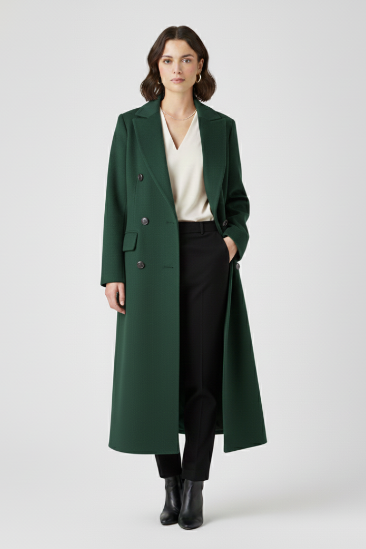 Women’s green long coat with lapel collar and double-breasted button fastening