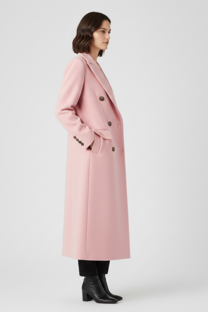Women’s pink long coat with lapel collar, button fastening, and side flap pockets