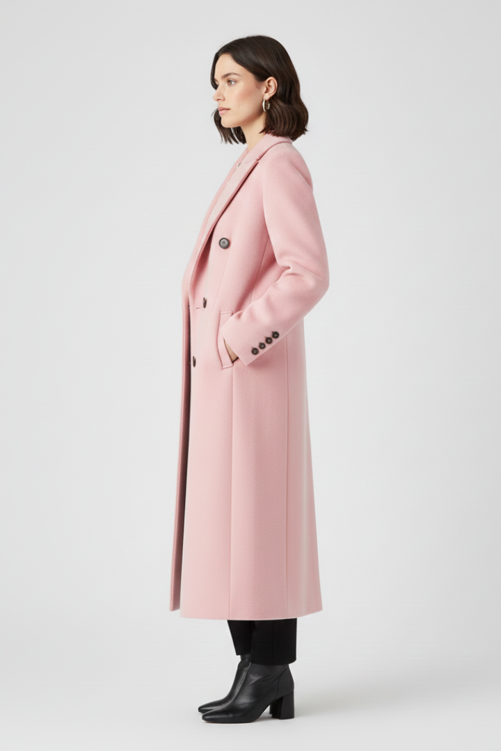 Women’s pink long coat, side view, with lapel collar and double-breasted buttons