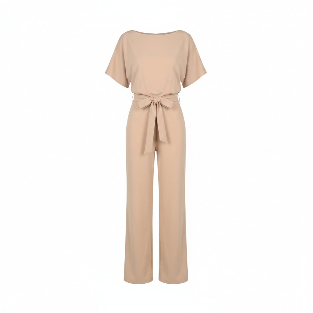 Beige tie-belt wide-leg jumpsuit with short sleeves, back view