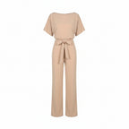Beige tie-belt wide-leg jumpsuit with short sleeves, back view