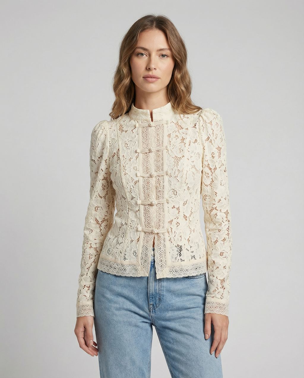Women’s lace blouse with high neck and long sleeves, scalloped lace trim, cream