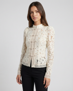 Women’s lace blouse with high neck and long sleeves, textured lace front placket, cream
