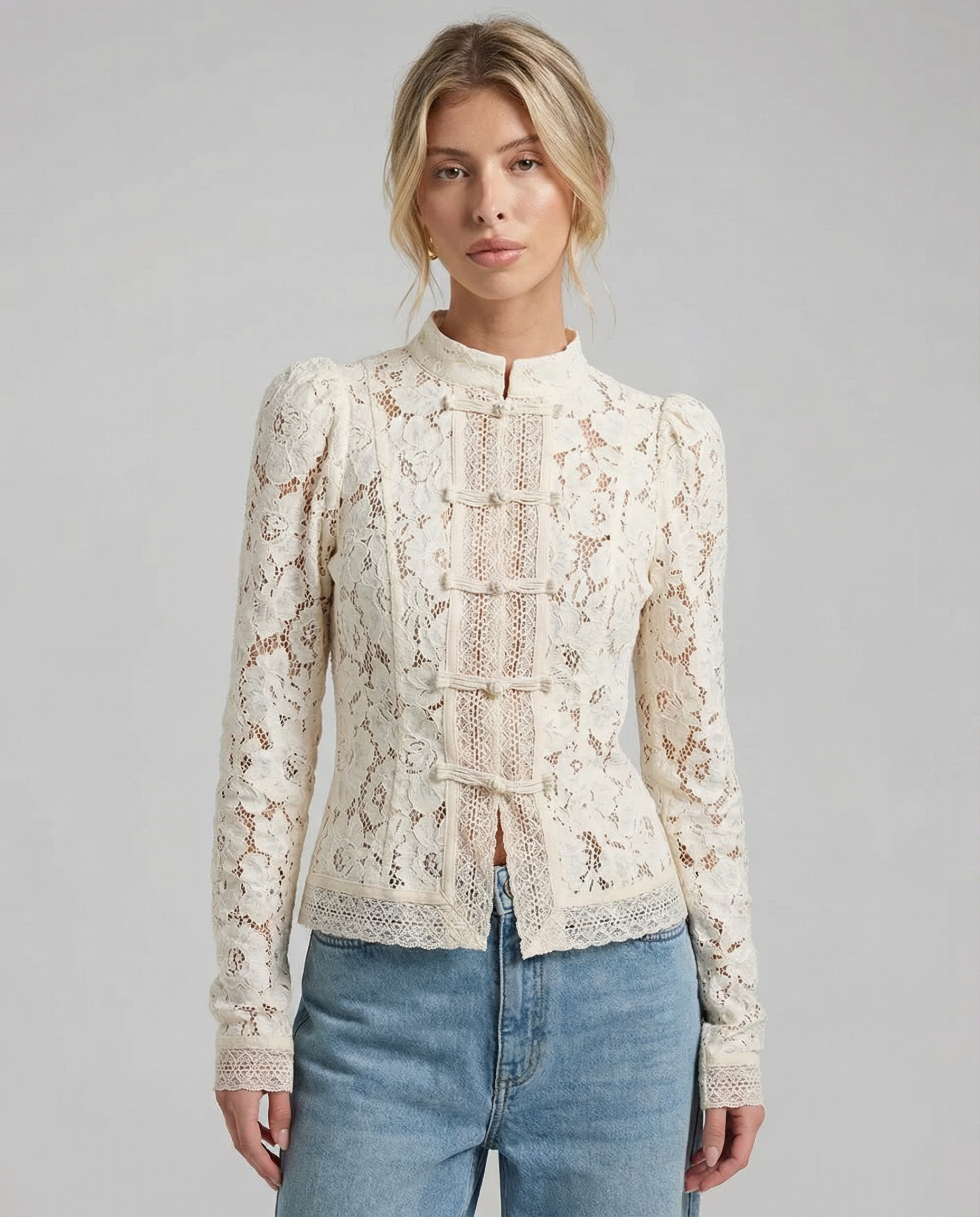 Women’s lace blouse with high neckline and long sleeves, all-over floral lace, cream